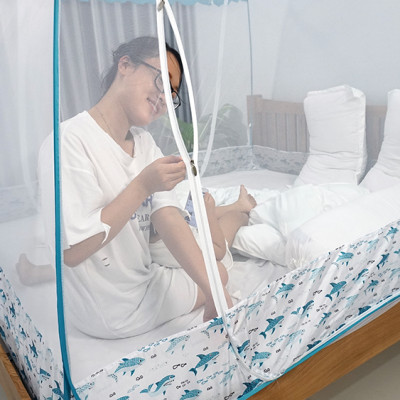 Màn Chụp Cao Cấp Mộc Miên Hoạ Tiết Xanh Cá Mập - Kích Thước 1,6mx2m -2 cửa ( Hà Nội )