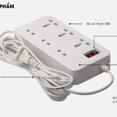 Ổ cắm đa năng Rạng Đông OC06/6C/10A 2500W dây dài 2M/5M - Hàng chính hãng