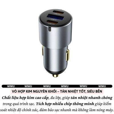 Tẩu củ sạc nhanh 60W cho xe hơi ô tô 2 PD3.0 Type- C + USB-A QC3.0 hiệu WIWU Nano Pro cho iphone 17 16 15 14 13 12 iPad vivo samsung macbook - hàng chính hãng