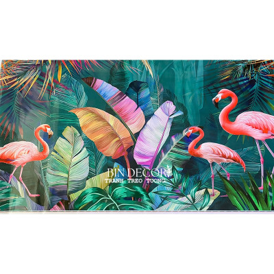  (ẢNH THẬT) Tranh dán tường 3d khu rừng lá nhiệt đới tropical và chim hồng hạc có sẵn keo, dễ dán