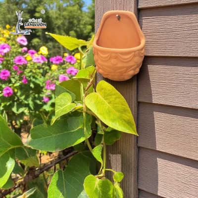 Chậu Ốp Tường Đất Nung Dáng Trứng Dẹp Hoa Văn Tinh Xảo | Trang Trí Treo Tường | Rustic Balcony Planter