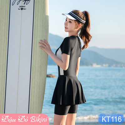 Bộ bơi liền thân nữ quần đùi lửng dài trên gối kín đáo, có cỡ BIG SIZE cho bạn béo mập đến 90kg, áo tắm cỡ đại cho nữ, học sinh, bé gái lớn | KT116