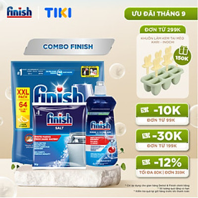 Combo Finish: Viên Rửa Chén Bát Finish Powerball Quantum 64 viên + Nước Làm Bóng Finish 500ml + Muối Rửa Chén Finish Salt túi 1kg