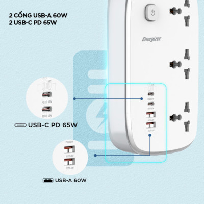 [ Hàng Chính Hãng ] Ổ điện đa năng Energizer 3AC  kèm cổng USB tích hợp Wifi sạc PD 65W chịu tải 3250W