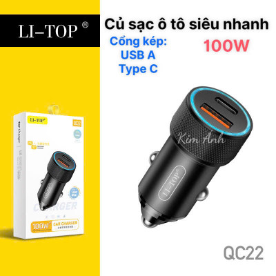 Củ sạc xe hơi Li-Top QC22 công suất 100W sạc siêu nhanh phù hợp các loại ô tô, có QR check hàng chính hãng
