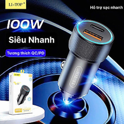 Củ sạc xe hơi Li-Top QC22 công suất 100W sạc siêu nhanh phù hợp các loại ô tô, có QR check hàng chính hãng