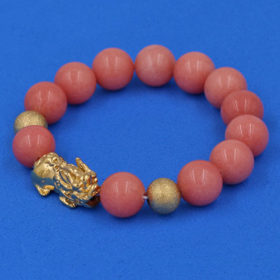 Vòng tay Thạch Anh Hồng Đào 12 ly - cẩn Tỳ Hưu Phong Thủy inox vàng VTAHDTHHBV12 - hợp mệnh Hỏa, mệnh Thổ