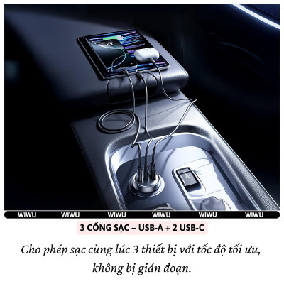 Tẩu củ sạc nhanh 60W cho xe hơi ô tô 2 PD3.0 Type- C + USB-A QC3.0 hiệu WIWU Nano Pro cho iphone 17 16 15 14 13 12 iPad vivo samsung macbook - hàng chính hãng