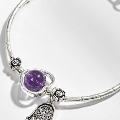 Vòng Tay Bạc 1 Hạt Đá Thạch Anh Tím Phối Charm Bàn Tay Hamsa Bạc