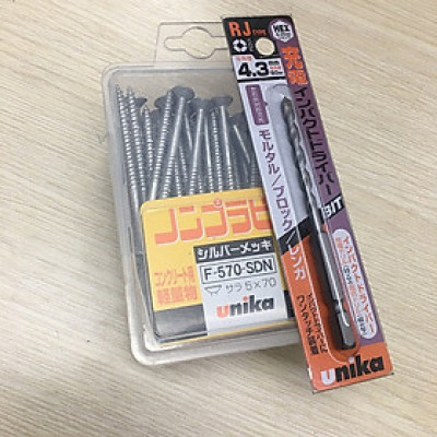 Combo Vít bê tông 5mm đầu bằng F570 & Mũi khoan tường 4.3mm đuôi lục giác Unika (Không cần tắc kê nhựa)