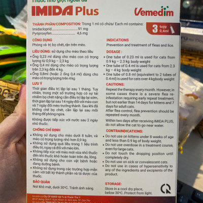 Hộp 3 ống Imida Plus nhỏ gáy diệt rận, bọ chét trên mèo (Vemedim )