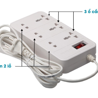 Ổ cắm đa năng Rạng Đông OC06/6C/10A 2500W dây dài 2M/5M - Hàng chính hãng