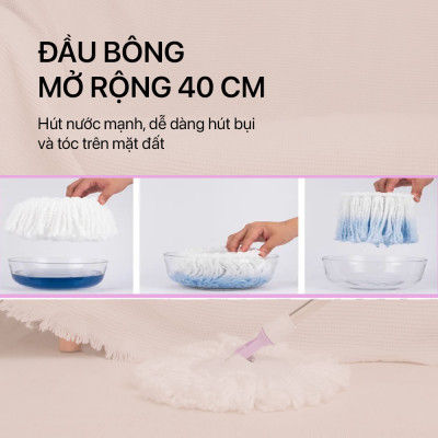 Combo 3 Bông Lau + 1 Cây Lau Nhà Đơn MyJae Sợi Microfiber Xoay 360 Độ Phù Hợp Cho Nhiều Loại Thùng Lau 134cm