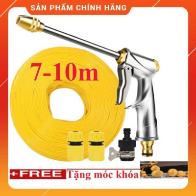 Bộ dây vòi xịt nước ️ , tăng áp 3 lần, loại 7m, 10m 206701-2 đầu đồng,cút,nối đen+ móc khoá
