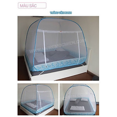 Màn Chụp , Mùng Chụp Cao Cấp Mộc Miên Đỉnh Rộng  - Mẫu Trắng Viền Xanh Hoa Lá ( Hà Nội )