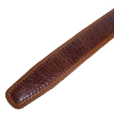 HP4465 - Dây nịt nam da đà điểu Huy Hoàng đan viền 3,5P đầu kim màu vàng bò