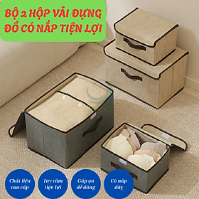 Bộ 2 thùng vải, hộp vải đựng đồ đa năng -Màu Nâu Kem - Hộp vải đựng quần áo 2 size đựng quần áo, đồ lót, giày, văn phòng phẩm, đồ dùng cá nhân rất tiện lợi-Bộ 2 hộp vải đựng đồ vải canvas siêu xinh có nắp đậy, tủ vải đựng đồ hộp cái