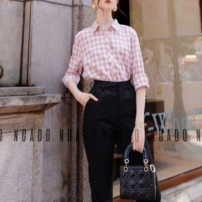 Áo sơ mi caro hồng dài tay NGADO