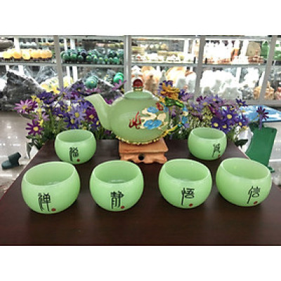 Bộ ấm trà chạm rồng với ly chạm chữ đá ngọc cẩm thạch xanh