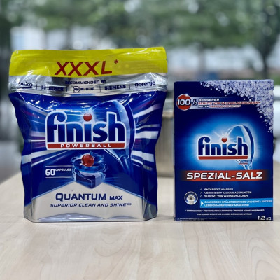 COMBO FINISH: Viên rửa bát Quantum max 60 viên + Muối rửa bát chén 1,2kg