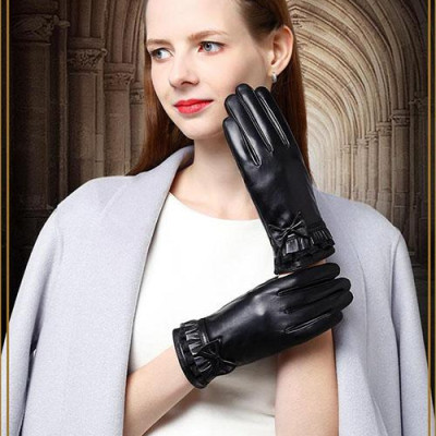 Găng tay nữ da cừu phối nơ nữ tính - BHY8714 Bao tay nữ mùa đông, lót lông, giữ ấm, cản gió, chống nước, cảm ứng điện thoại.