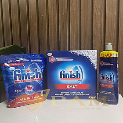 Combo Viên rửa bát Finish All in 1 max 48 viên hương chanh + Muối Finish 4kg + Nước làm bóng 750ml