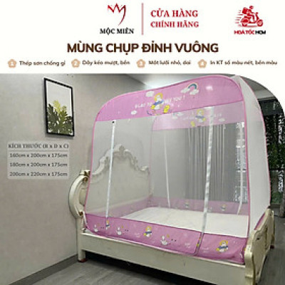 Màn Chụp Tự Bung Đỉnh Vuông Cao Cấp Mộc Miên - Màu Trắng Viền Hồng ( Hình thật )