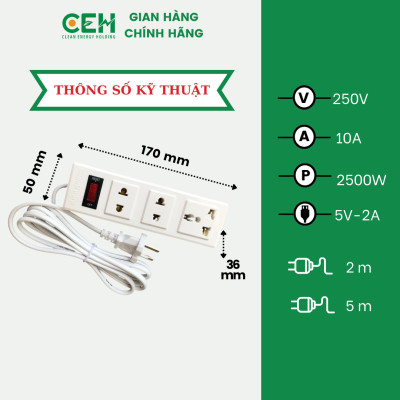 Ổ cắm Điện Quang ĐQ 002A-02 3 lỗ, dài 2 mét và 5 mét, tự ngắt điện khi quá tải, an toàn 99.9% cho người dùng