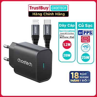 Combo Củ Sạc Nhanh 25W CHOETECH PD6003 Và Cáp Type C to Lightning MFI 20W Dây Nylon Dài 1.2m IP0039 Dành Cho iPhone iPad - Hàng Chính Hãng
