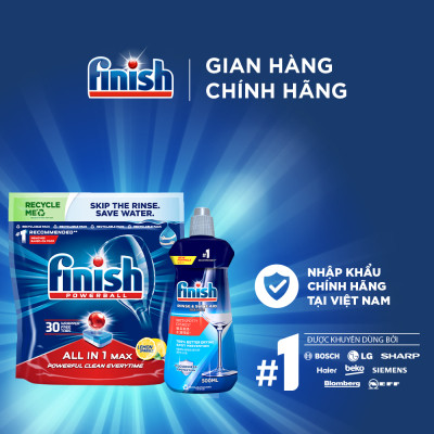 Combo 1 Cho Người Mới Bắt Đầu: Túi 24 Viên Nước Rửa Bát All In One Max + 800ml Nước Làm Bóng Rinse & Shine Aid