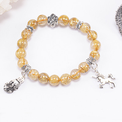 Vòng Tay Phong Thủy Nữ Đá Thạch Anh Tóc Vàng Phối Charm Tỳ Hưu & Kỳ Lân Bạc (8mm) Mệnh Thổ, Kim Ngọc Quý Gemstones