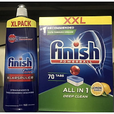 Combo Viên rửa bát Finish All in one 70v + Dầu bóng finish 750ml  dùng cho Máy rửa chén bát