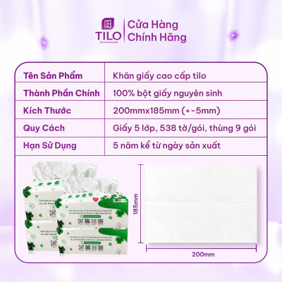 Khăn giấy rút bàn TiLo 538 tờ khổ lớn 5 lớp dai mềm mịn, an toàn, siêu tiện lợi, siêu tiết kiệm