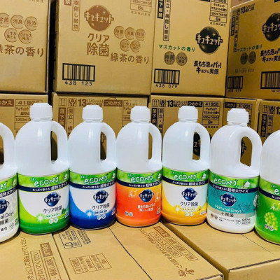 Nước rửa chén diệt khuẩn KAO Kyukyutto 1380mL nội địa Nhật - Hương bưởi hồng