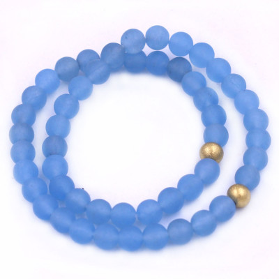 [Mệnh Thủy, Mộc] Vòng Chuỗi Đôi 6 Ly Đá Thạch Anh Xanh Biển Mờ Charm Bi Inox VTAXBMHBD