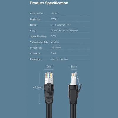 Ugreen UG70330NW121TK 3M cáp mạng CAT 8 24AWG Class S/FTP 2000Mhz - HÀNG CHÍNH HÃNG