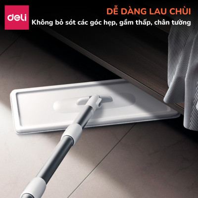 Cây lau nhà tự vắt có thùng 2 ngăn Deli, Bộ chổi lau nhà 360 độ kèm 3 bông lau microfiber siêu sạch