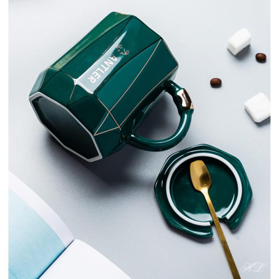 Cốc sứ xanh cổ vịt có nắp kèm thìa inox | CỐC UỐNG TRÀ CAFE XANH NGỌC BÍCH PHONG CÁCH BẮC ÂU DECOR