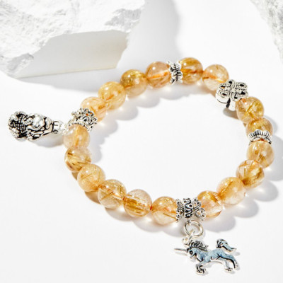 Vòng Tay Phong Thủy Nữ Đá Thạch Anh Tóc Vàng Phối Charm Tỳ Hưu & Kỳ Lân Bạc (8mm) Mệnh Thổ, Kim Ngọc Quý Gemstones