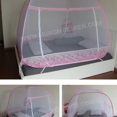 Màn Chụp , Mùng Chụp Cao Cấp Mộc Miên Đỉnh Rộng - Kích Thước 1,4mx2m Trắng Viền Hồng ( Hà Nội )