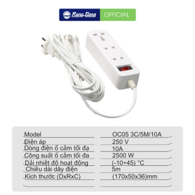 Ổ cắm điện kéo dài Rạng Đông 2m/5m Model OC04, OC05 chống giật, rơ le tự ngắt chống quá tải
