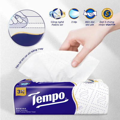 [MUA 3 LỐC TẶNG 3 GÓI KHĂN ƯỚT + 1 GIÁ ĐỠ] Khăn Giấy Bếp Dạng Rút Đa Năng Siêu Thấm Tempo Bền Dai
