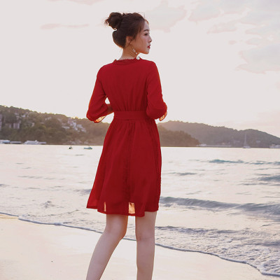 Váy maxi đi biển dài tay dáng lửng, cổ chữ V, lưng dây nơ điệu đà, thích hợp du lịch, đi biển, chụp ảnh | MX007