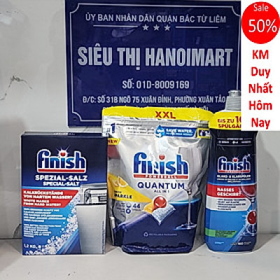 bộ 3 sản phẩm viên rửa chén Finish Quantum+ muối finish 1,2kg + bóng finish 400 ml