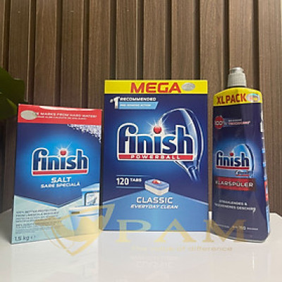 Combo Viên rửa bát Finish Classic 120 viên + Muối Finish 1.5kg + Nước làm bóng Finish 750ml