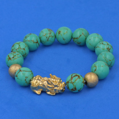 Chuỗi đeo tay San Hô Xanh Ngọc Sọc 12 ly - cẩn Tỳ Hưu Phong Thủy inox vàng VSHXLSTHHBV12