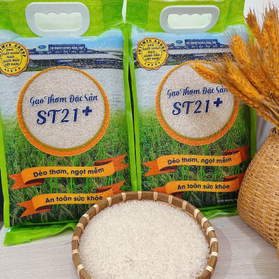 Gạo thơm đặc sản ST21+ Intimex túi 5kg - dẻo mềm, săn hạt, ngọt thơm