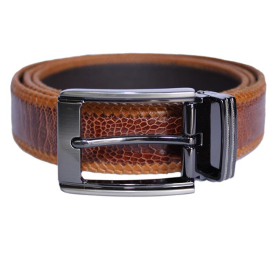 HP4465 - Dây nịt nam da đà điểu Huy Hoàng đan viền 3,5P đầu kim màu vàng bò