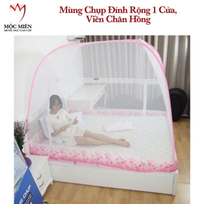 Màn Chụp , Mùng Chụp Cao Cấp Mộc Miên Đỉnh Rộng - Kích Thước 1,4mx2m Trắng Viền Hồng ( Hà Nội )