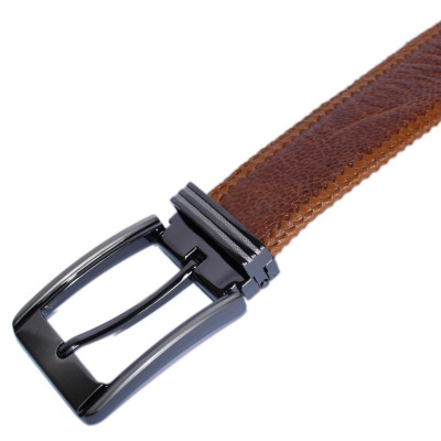 HP4465 - Dây nịt nam da đà điểu Huy Hoàng đan viền 3,5P đầu kim màu vàng bò